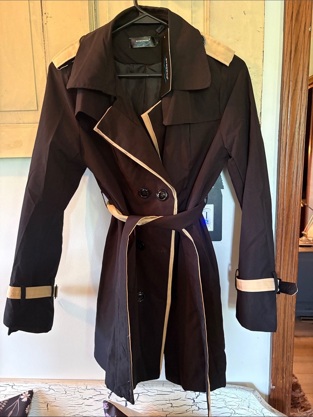 Women’s Black Trench Coat with Cream Trim